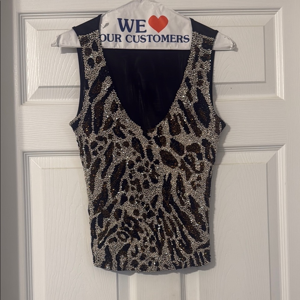 Cache Black and Gray Sequin Fitted Tank Top